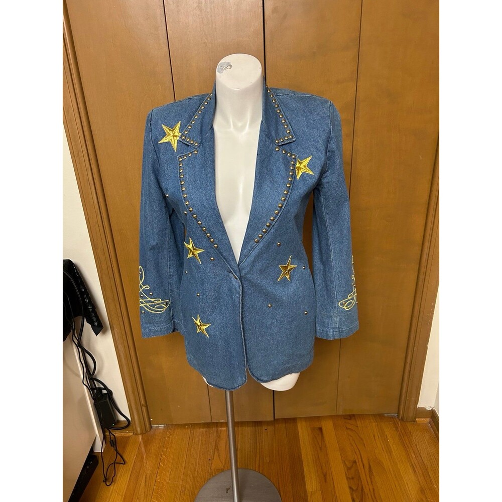 Embroidered Star Denim Blazer Jacket- Blue with Gold Accents